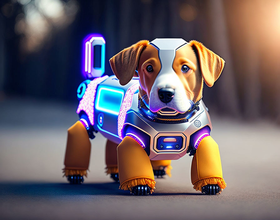 Cybernetic dog digital illustration with lifelike head and futuristic mechanical body.