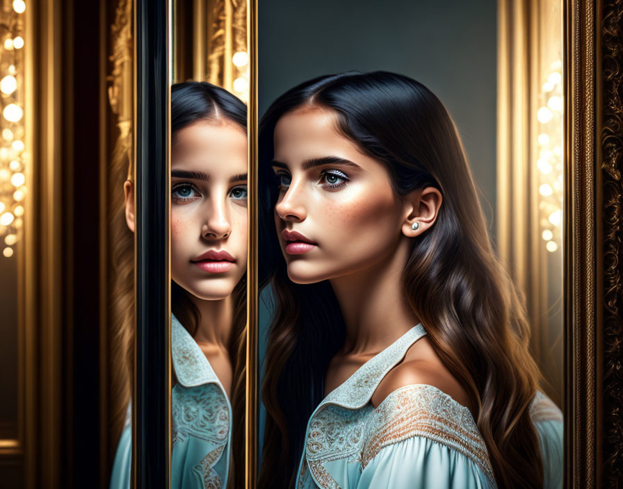 Dark-haired woman reflects detailed makeup and elegant blouse in luxurious golden frame