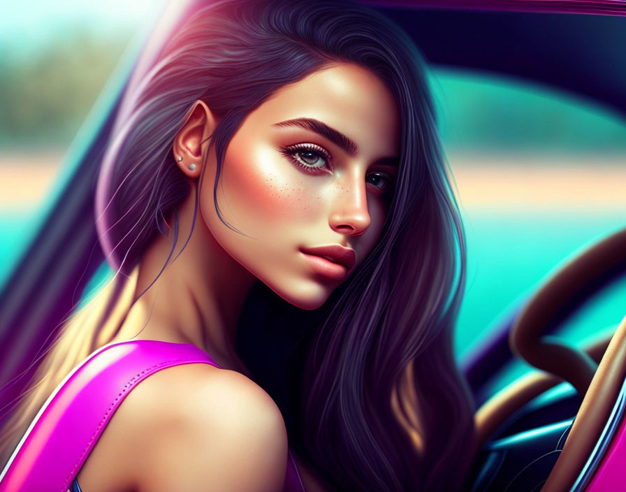 Woman with Long Dark Hair and Freckles in Car's Driver Seat, Vibrant Colors