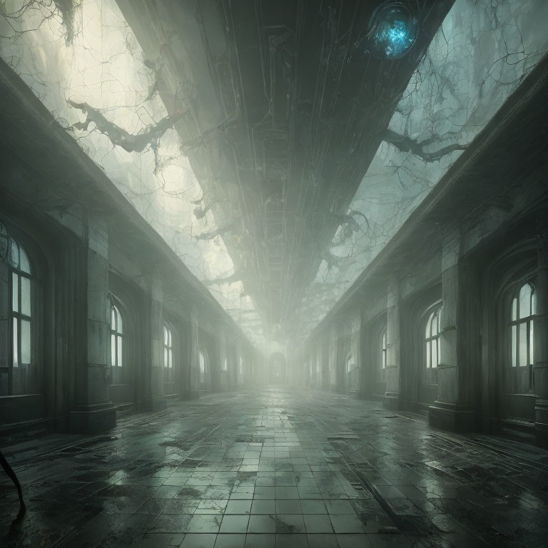 Desolate hall with cracked marble walls and arched windows