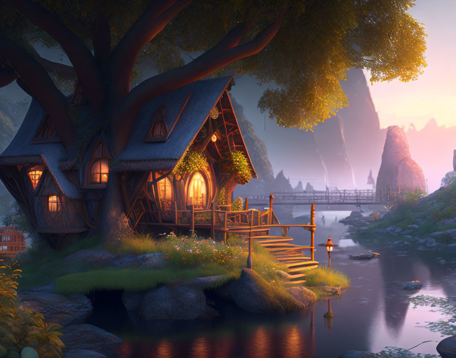 Serene dusk scene with cozy treehouse by river & wooden bridge