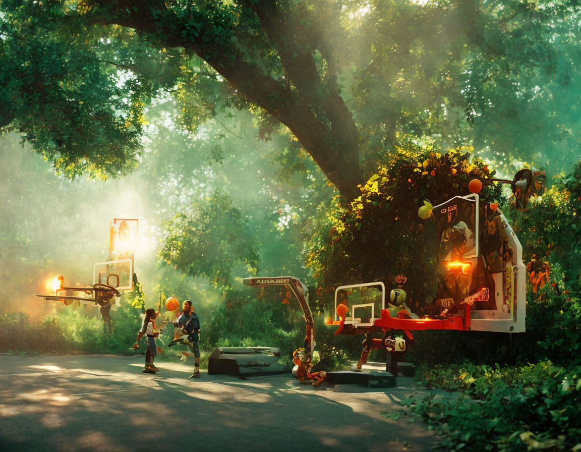 Kids playing basketball in sunlit park with floating balls and toy-like construction equipment by tree.