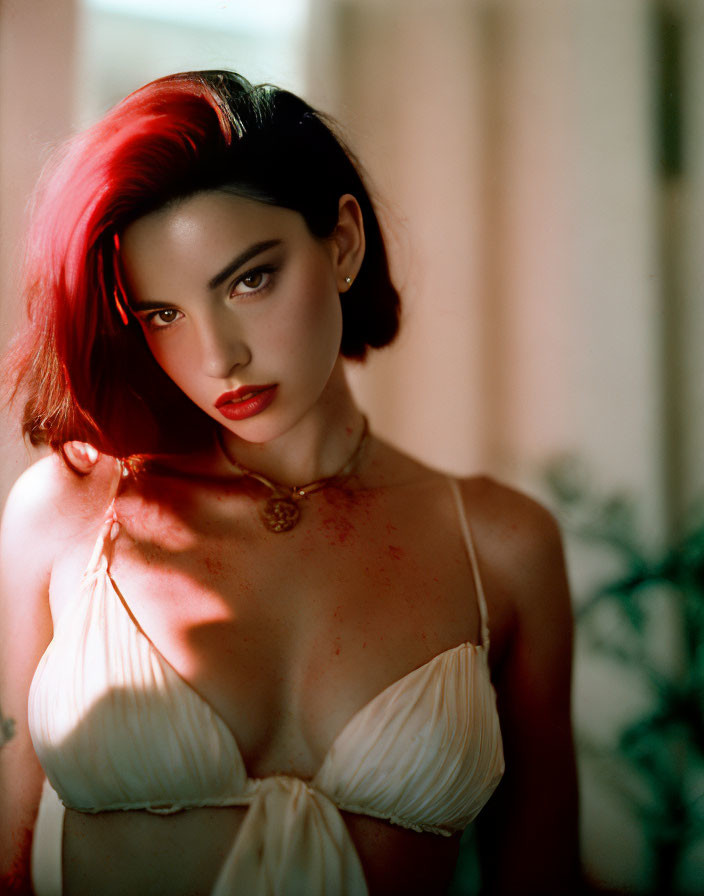 Red and black-haired woman in white top under sunlight, facing camera