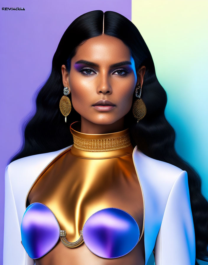 Digital Artwork: Woman with Black Hair, Bold Makeup, Golden Earrings, Futuristic Gold Top