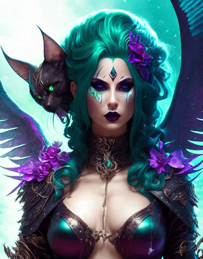 Fantasy art: Woman with teal hair, purple flowers, black cat, mystical ambiance