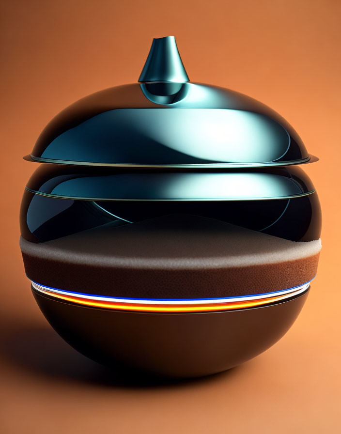 Shiny black and brown round object with neon stripe on orange background