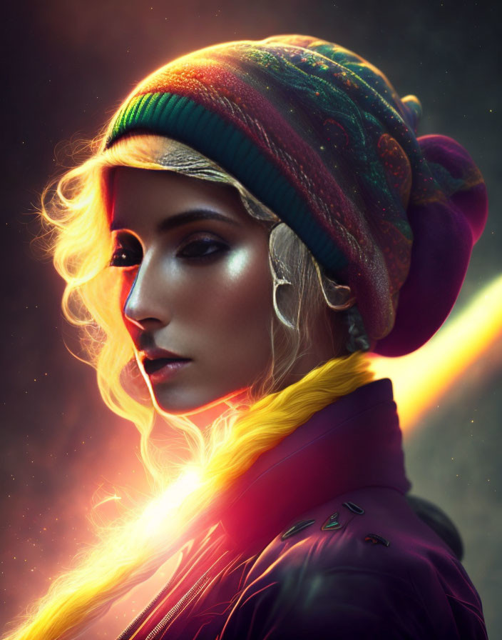 Blonde woman in colorful beanie and purple jacket with golden mystical glow.