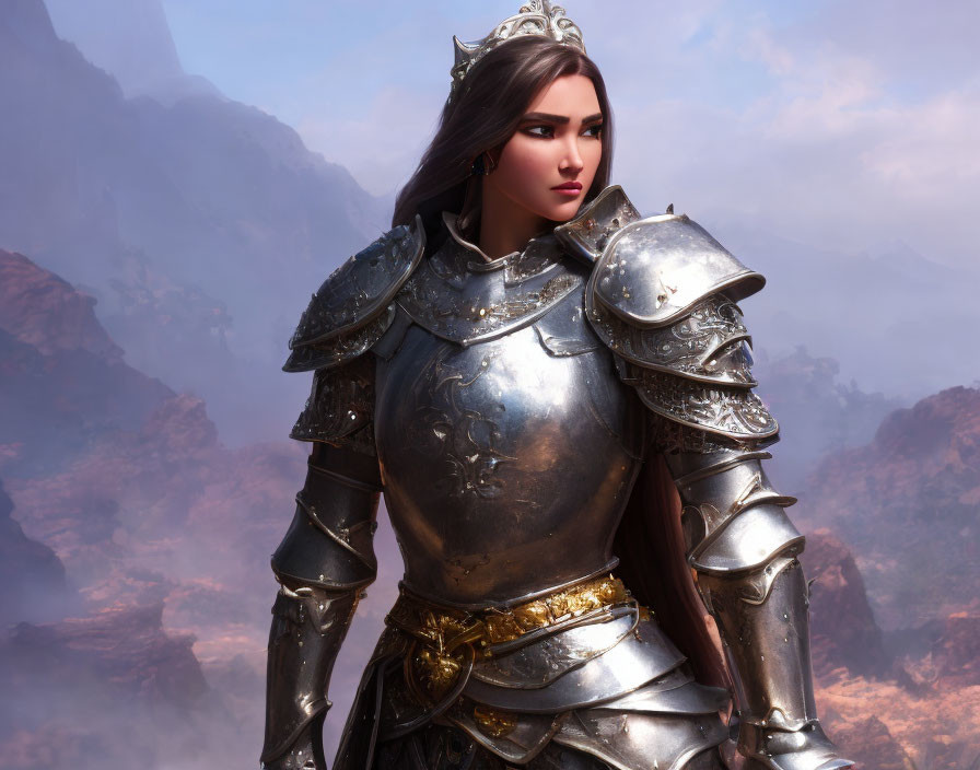 Female warrior in silver armor against mountain backdrop