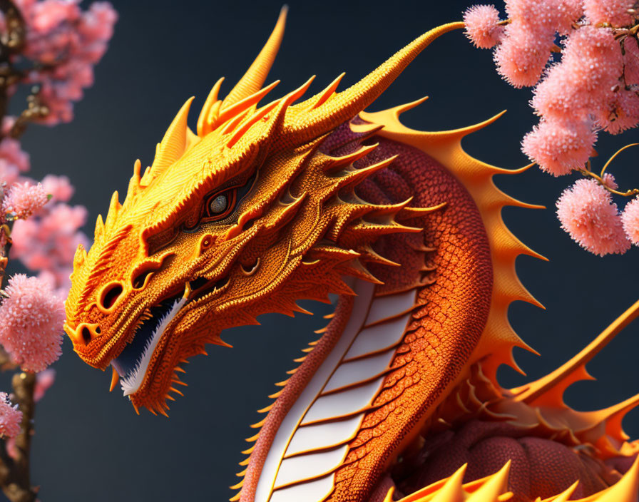 Orange dragon surrounded by pink cherry blossoms in detailed image.