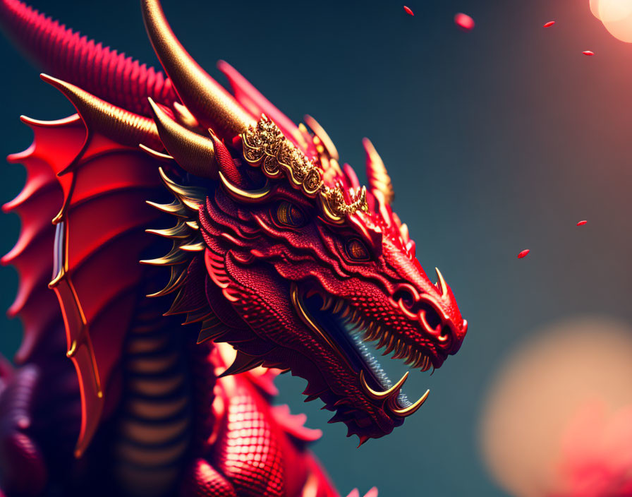 Detailed 3D illustration of majestic red dragon with golden horns and intricate scales on blurred blue background.