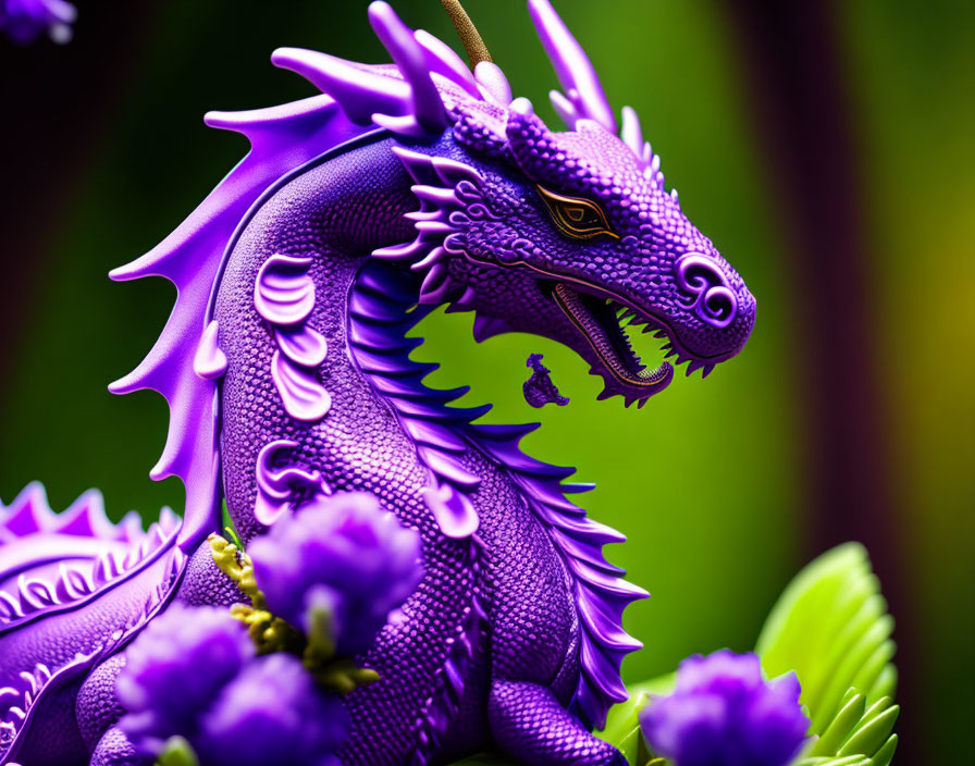 Purple Dragon Figurine with Golden Eyes Among Flowers and Green Background