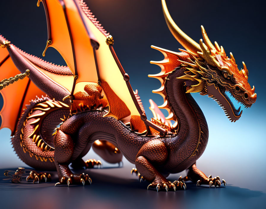 Detailed 3D Illustration: Majestic Dragon with Orange Wings and Scales on Blue Background