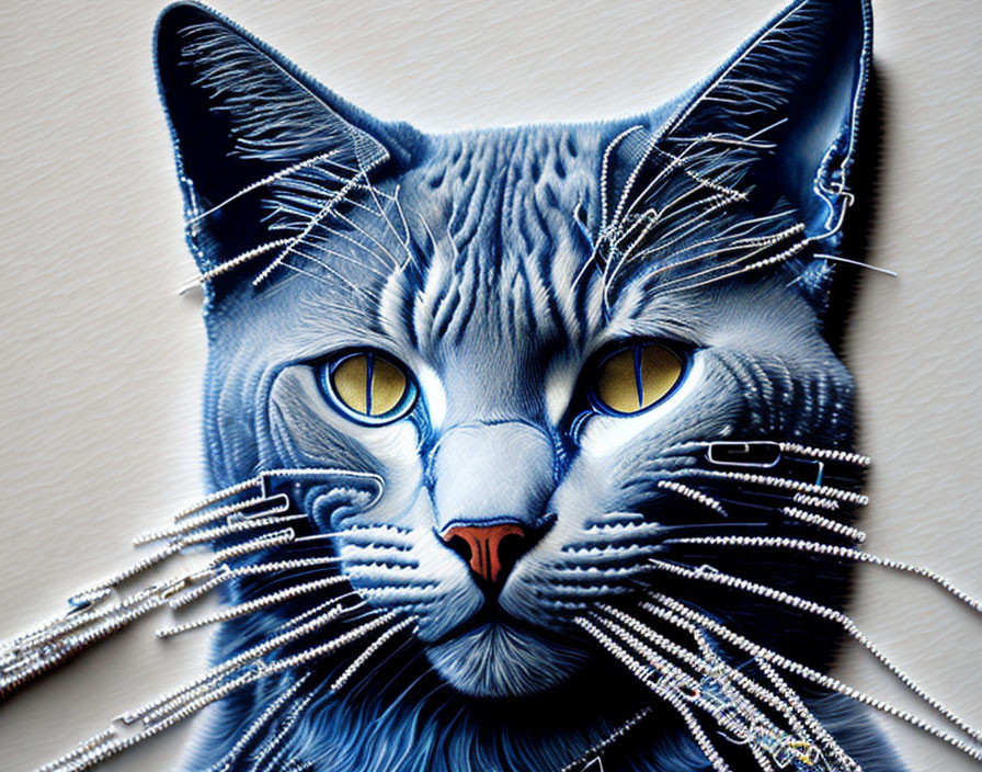 Blue Cat with Intricate Patterns and Striking Yellow Eyes on Textured Background