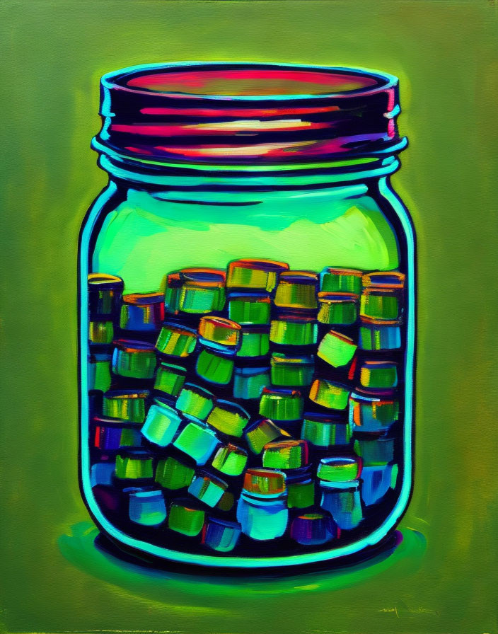 Colorful Stacked Cubes in Transparent Jar Painting on Green Background