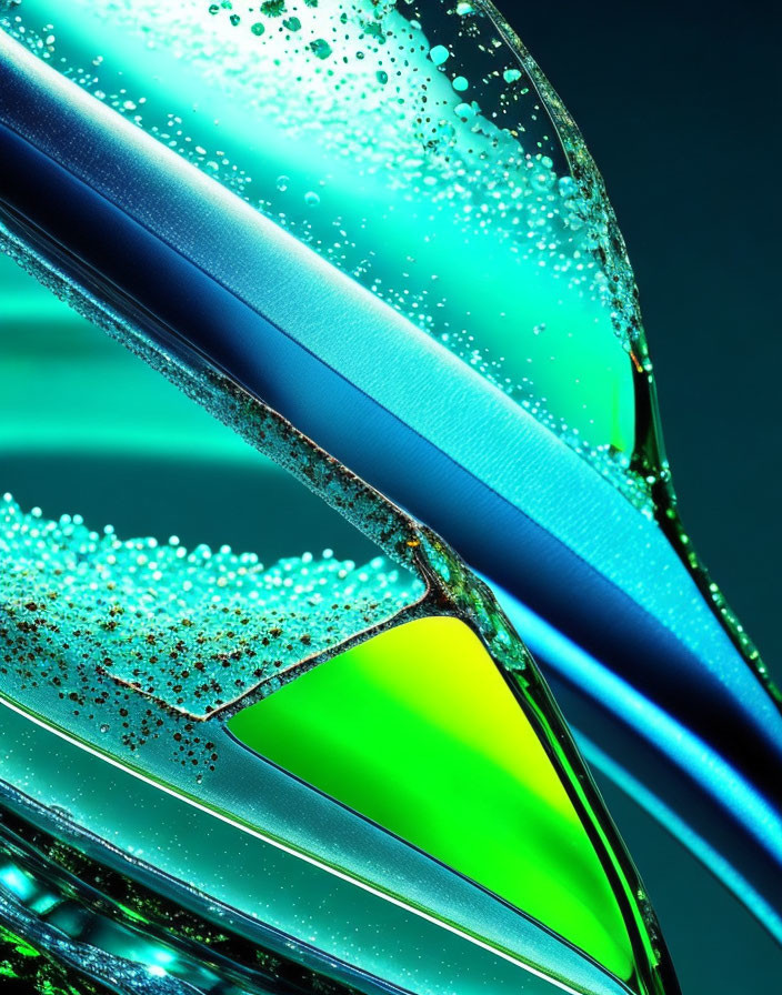 Curved glass with blue and green gradient, sparkling bubbles, reflective surface