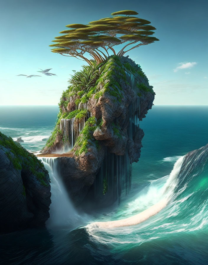 Fantastical floating island with lush greenery, waterfalls, and birds.