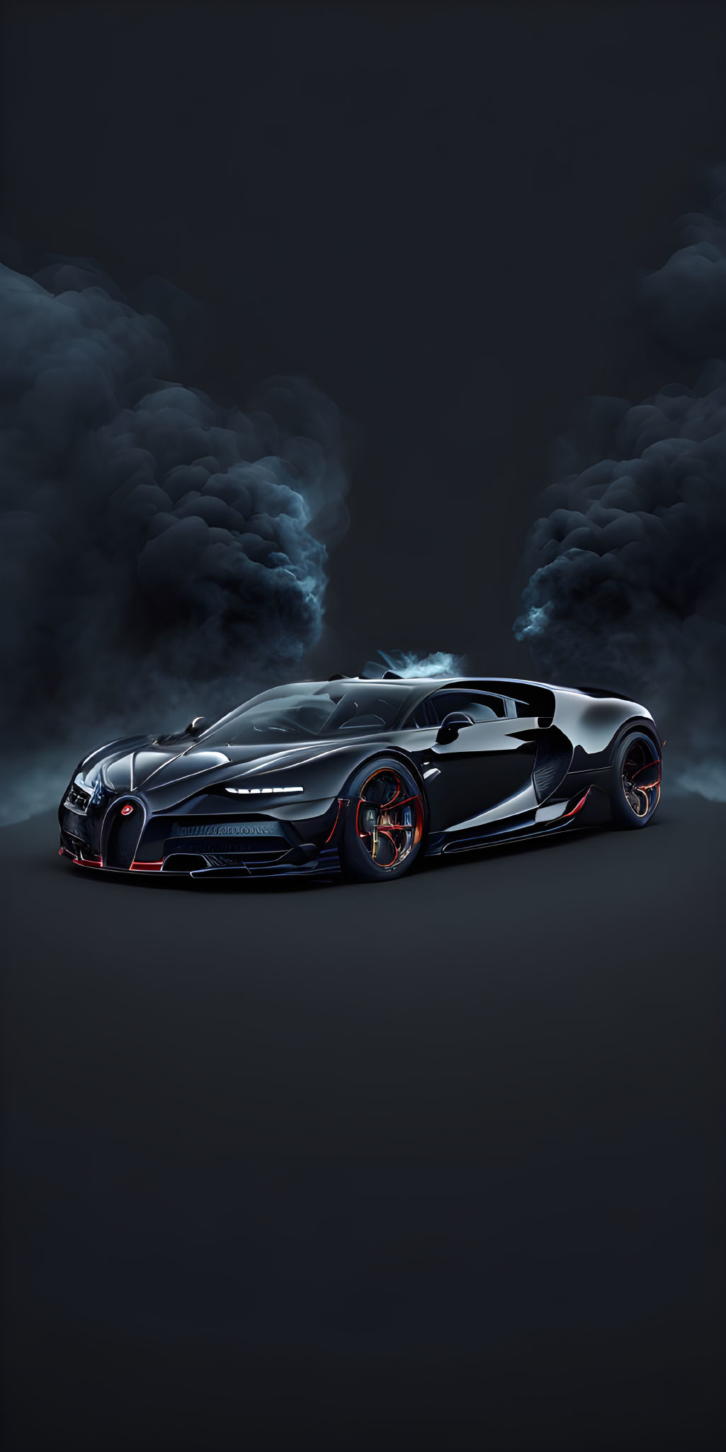 Black Sports Car with Red Accents on Dark Background with Smoke