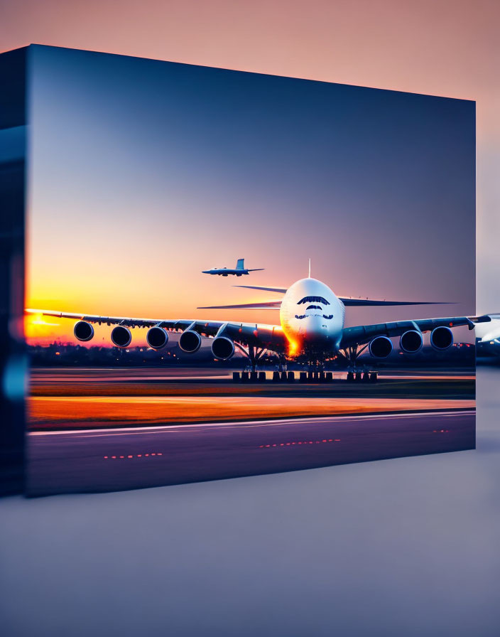 Two airplanes on the ground and in flight during a sunset scene