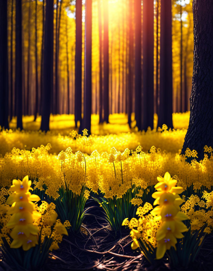 Forest scene: Sunlight illuminates dense yellow flower carpet