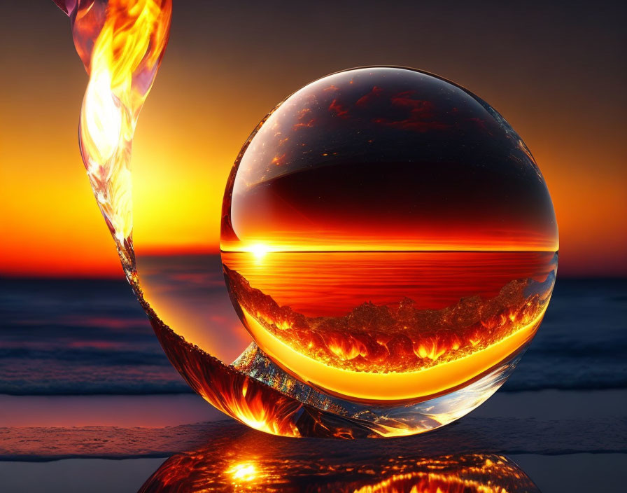 Glass sphere reflecting vivid beach sunset with abstract flame-like shape.