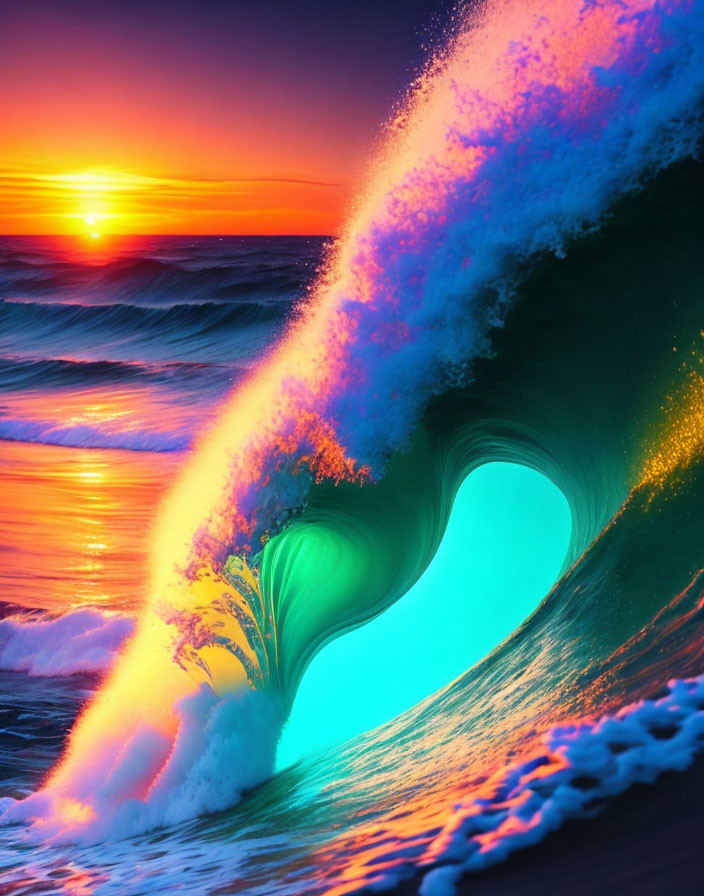 Vibrant Sunset Sky Wave with Fiery Orange and Teal Blue