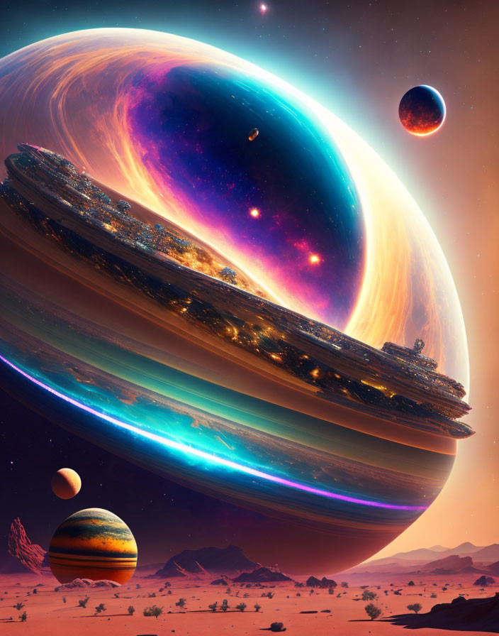 Surreal digital art: ringed planet with cityscape above desert landscape