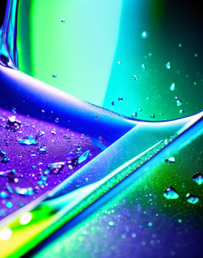 Vibrant blue and green surface with scattered water droplets