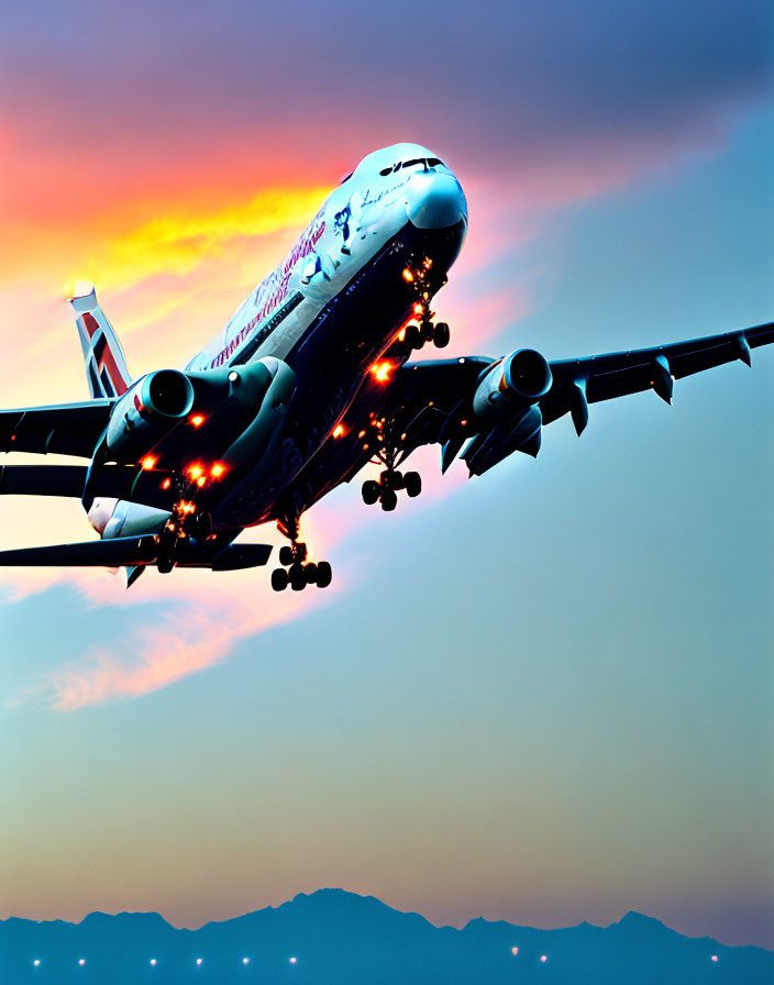 Airplane with unique livery taking off at twilight with pink and blue sky