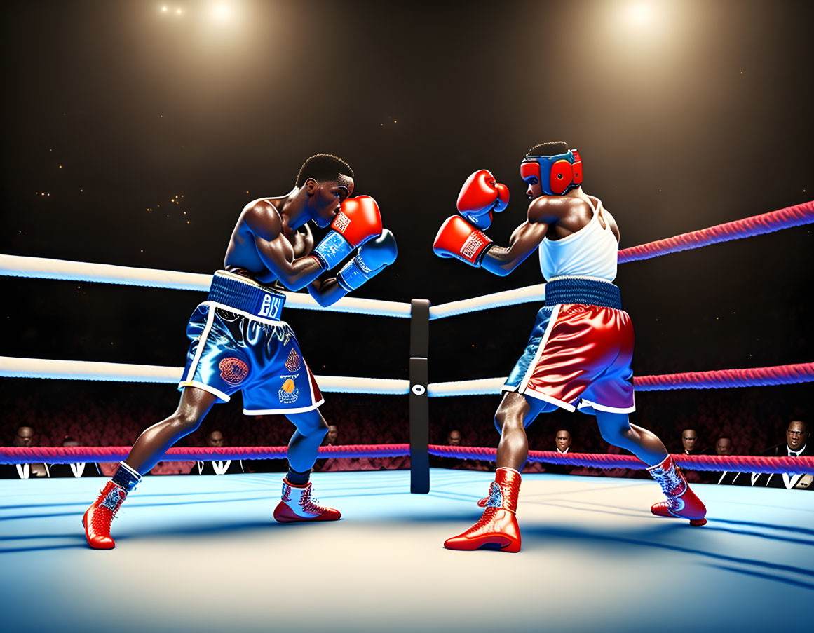 Boxers in blue and red gear in ring with audience under bright lights