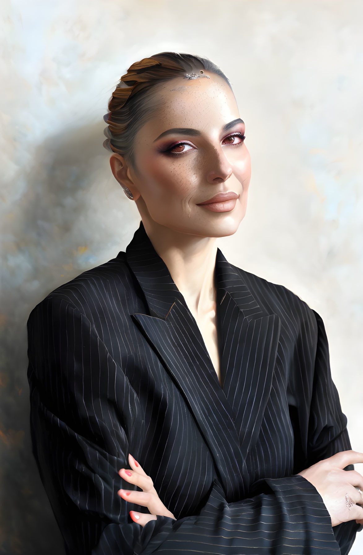 Professional woman in pinstriped suit smiling against beige background