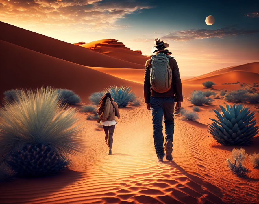 Person in hat walking through desert with sand dunes, blue plants, and setting moon.