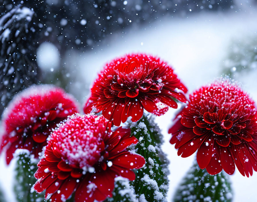 Bright red gerbera daisies with snowflakes on petals in snowy backdrop.