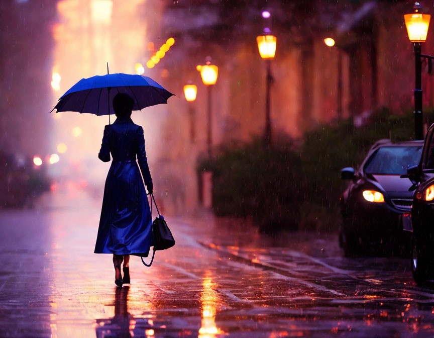 Person in Blue Dress with Umbrella Walking on Rain-Soaked Street