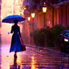 Person in Blue Dress with Umbrella Walking on Rain-Soaked Street