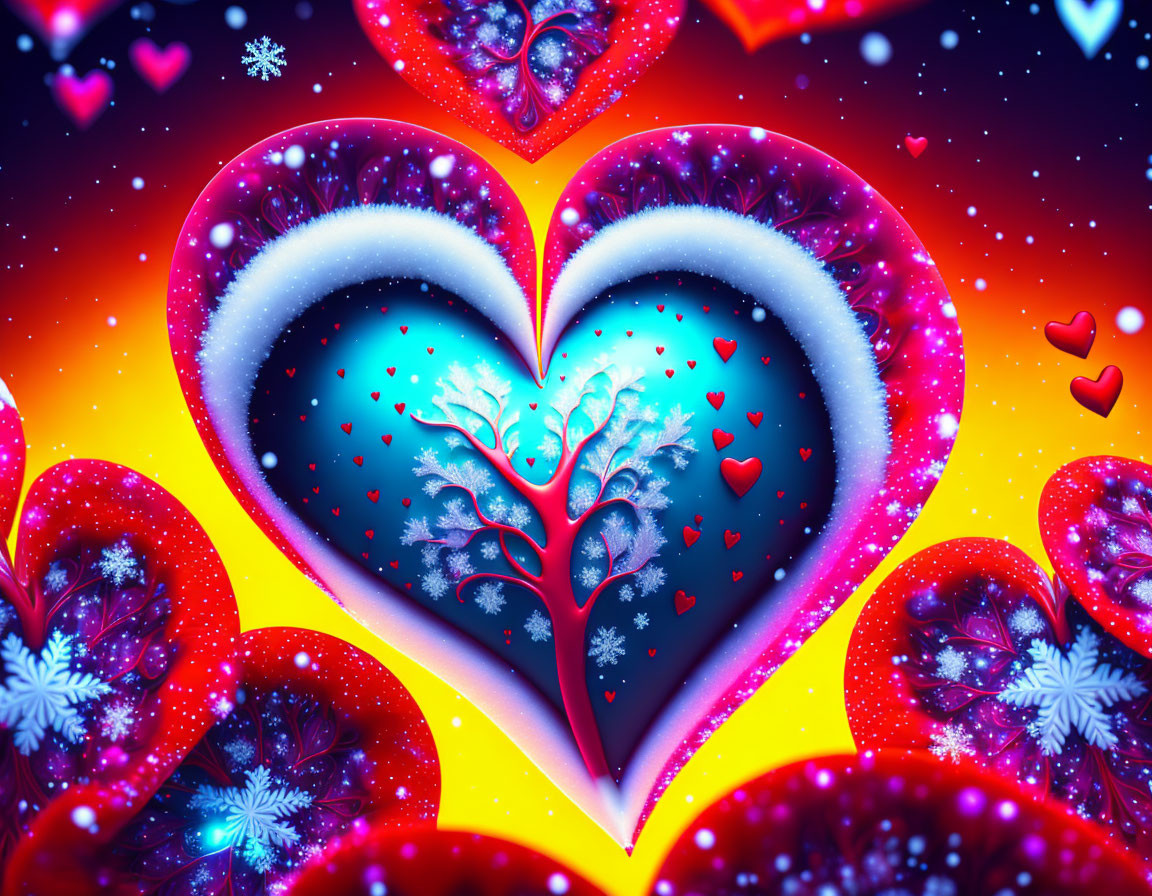 Colorful Digital Artwork: Heart Frames, Tree, Snowflakes & Cosmic Background