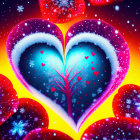 Colorful Digital Artwork: Heart Frames, Tree, Snowflakes & Cosmic Background