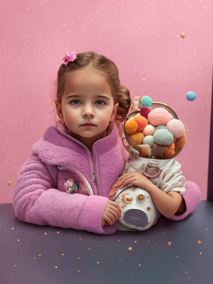 Serious young girl in pink jacket with colorful pompoms basket