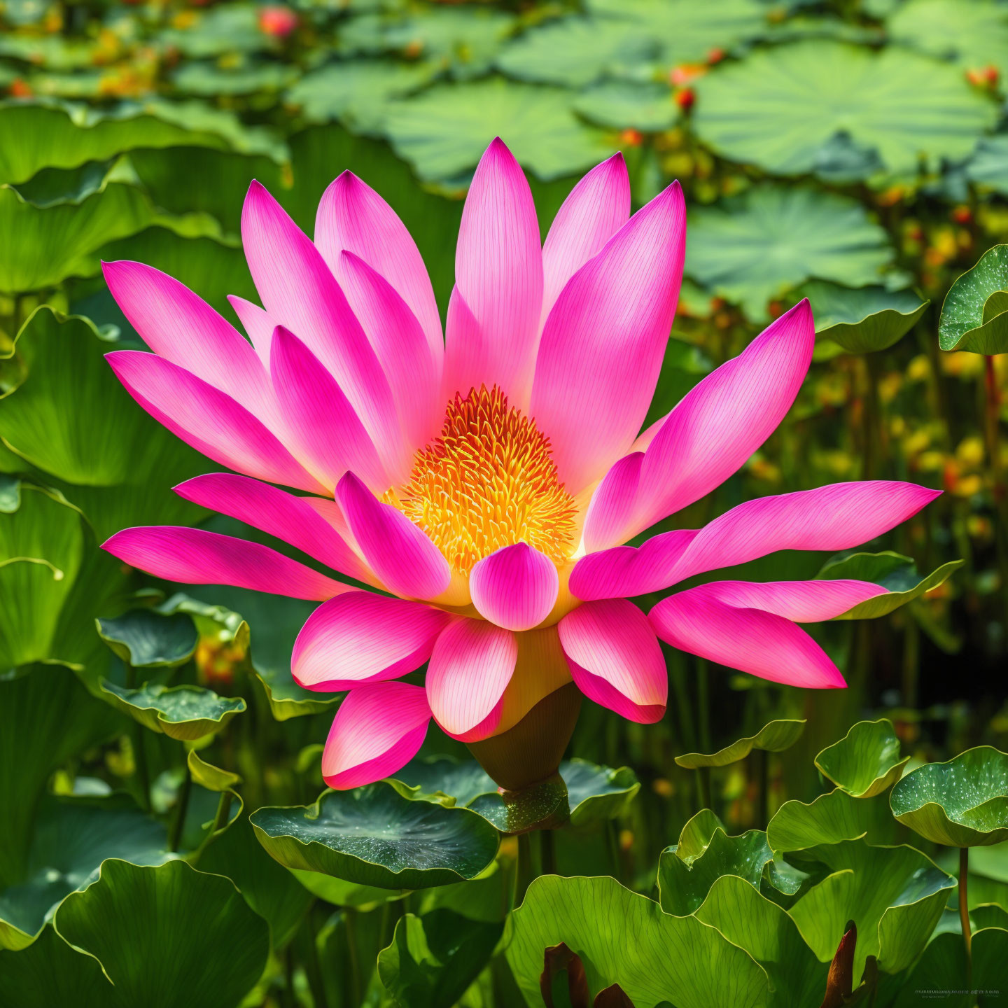 Pink Lotus Flower Blooms Among Green Lily Pads on Tranquil Pond