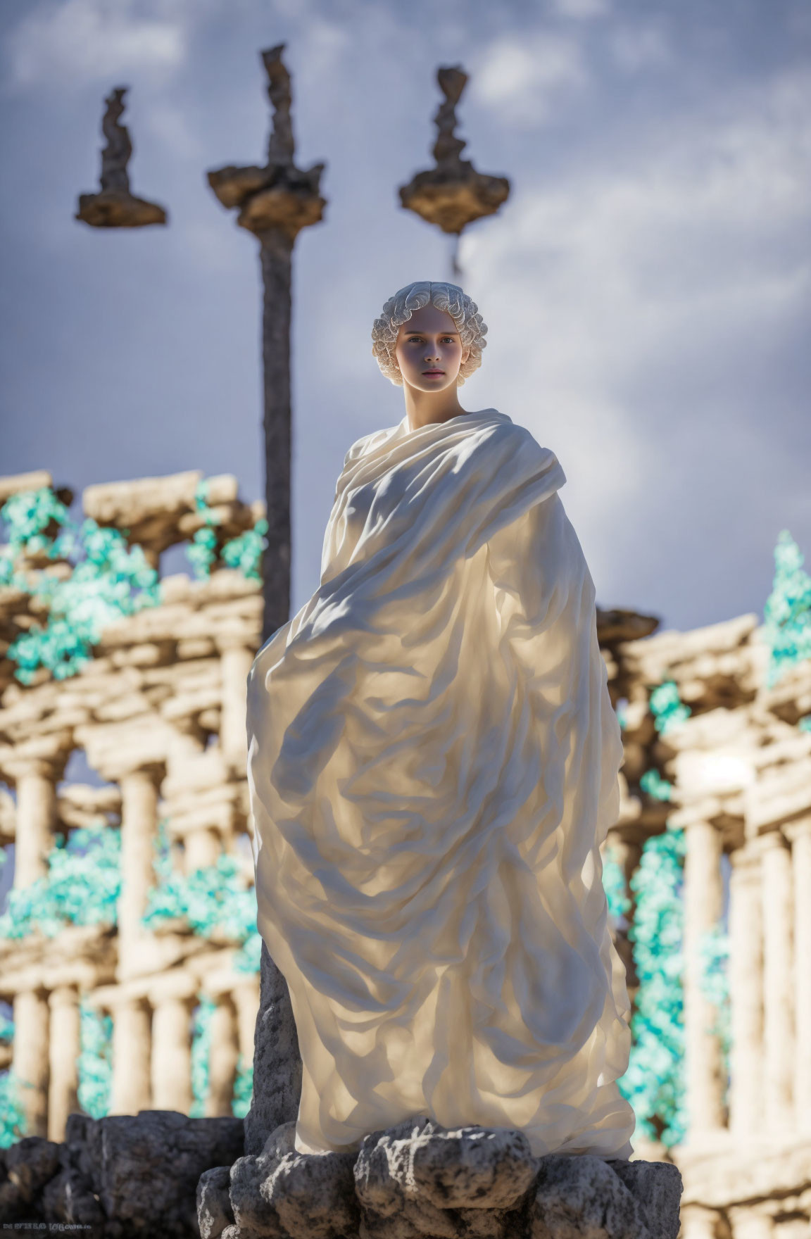 White Marble Statue of Curly-Haired Figure Against Cloudy Sky