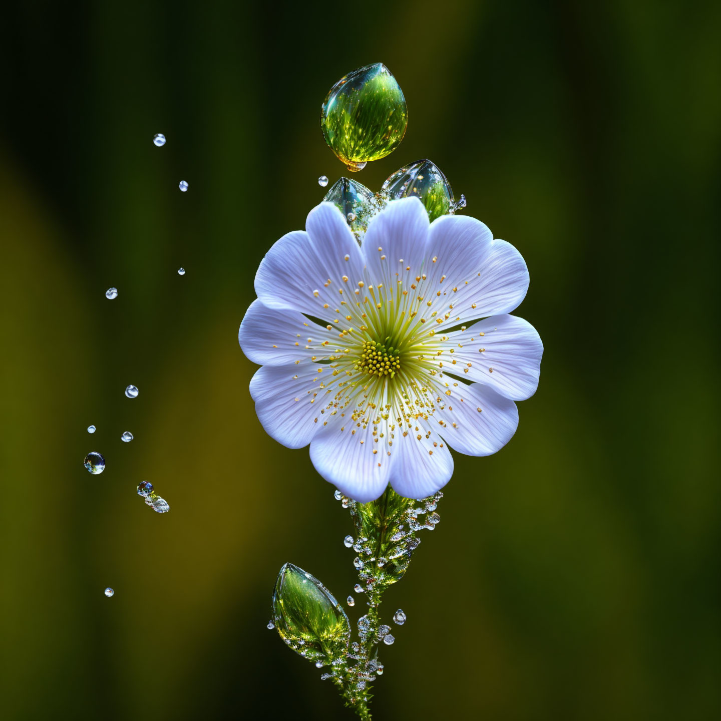 White Flower with Yellow Center Covered in Water Droplets on Dark Green Background