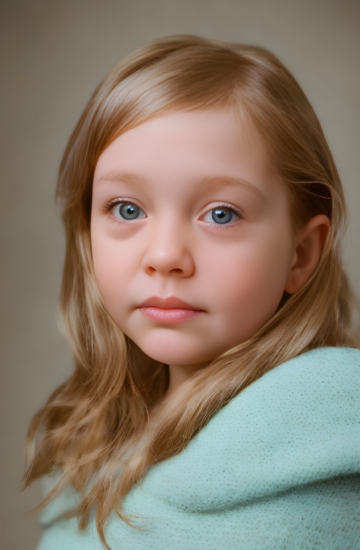 Young girl portrait: blonde hair, blue eyes, green top, beige background