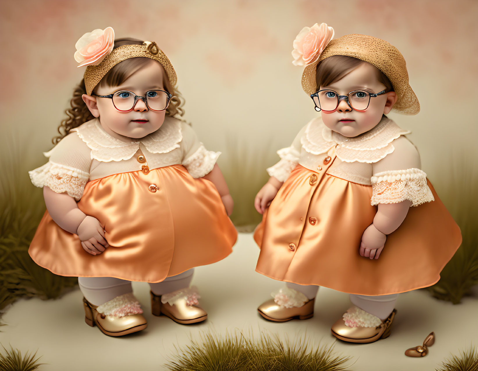 Two Toddlers in Matching Orange Dresses and Beige Hats on Grass Field