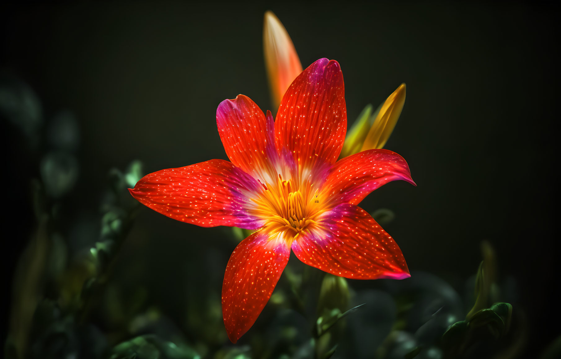 Red Flower with Yellow Accents on Dark Background