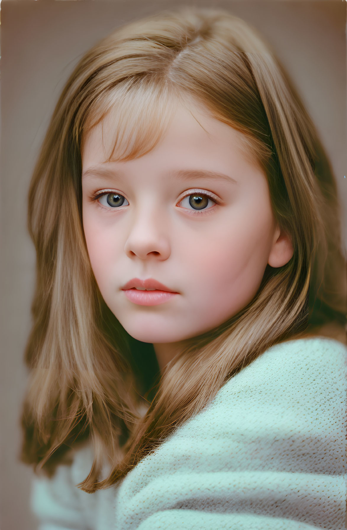 Young girl with blonde hair and blue eyes in light green sweater gazing at camera