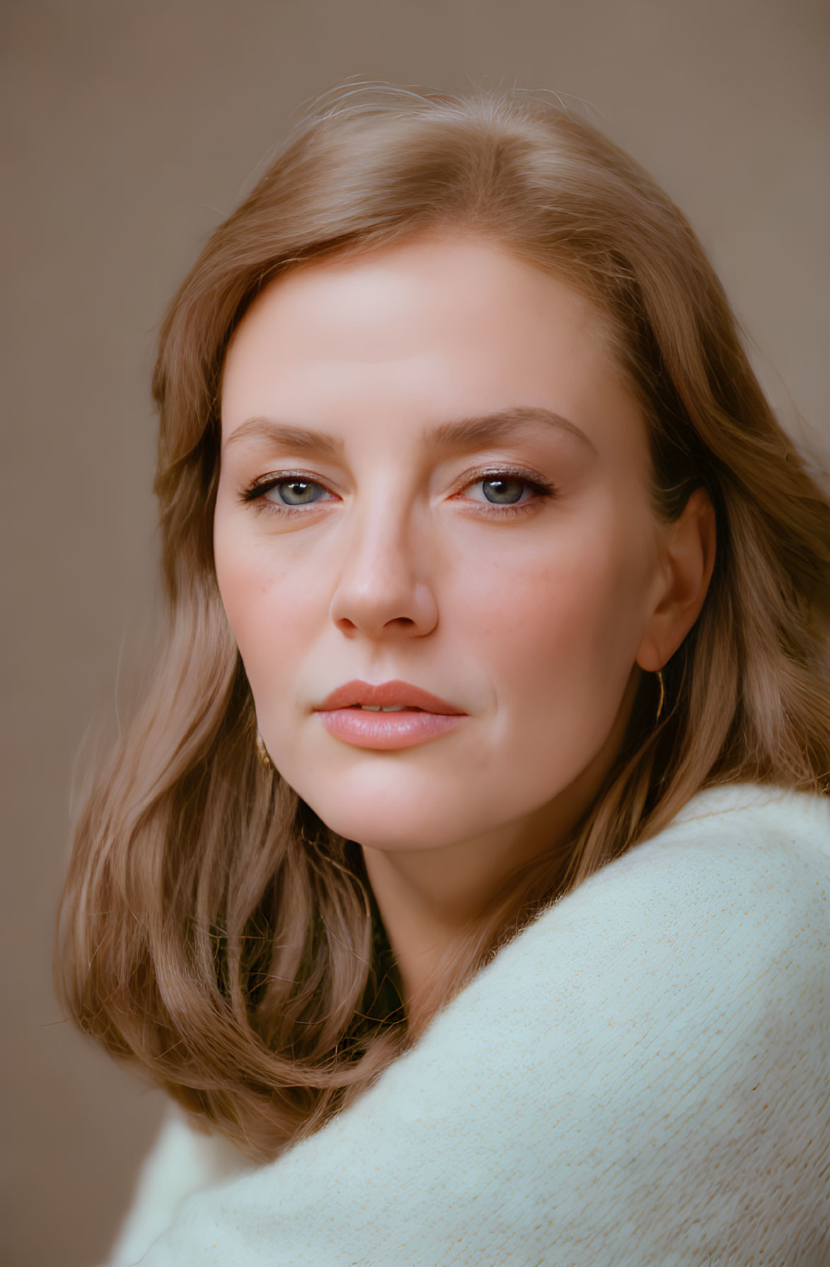 Woman Portrait with Medium-Length Hair and Soft Gaze in Light-Colored Outfit