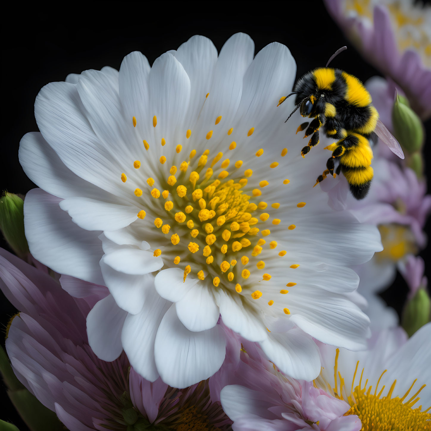 Bumblebee hovering over white flower with yellow center and scattered pollen