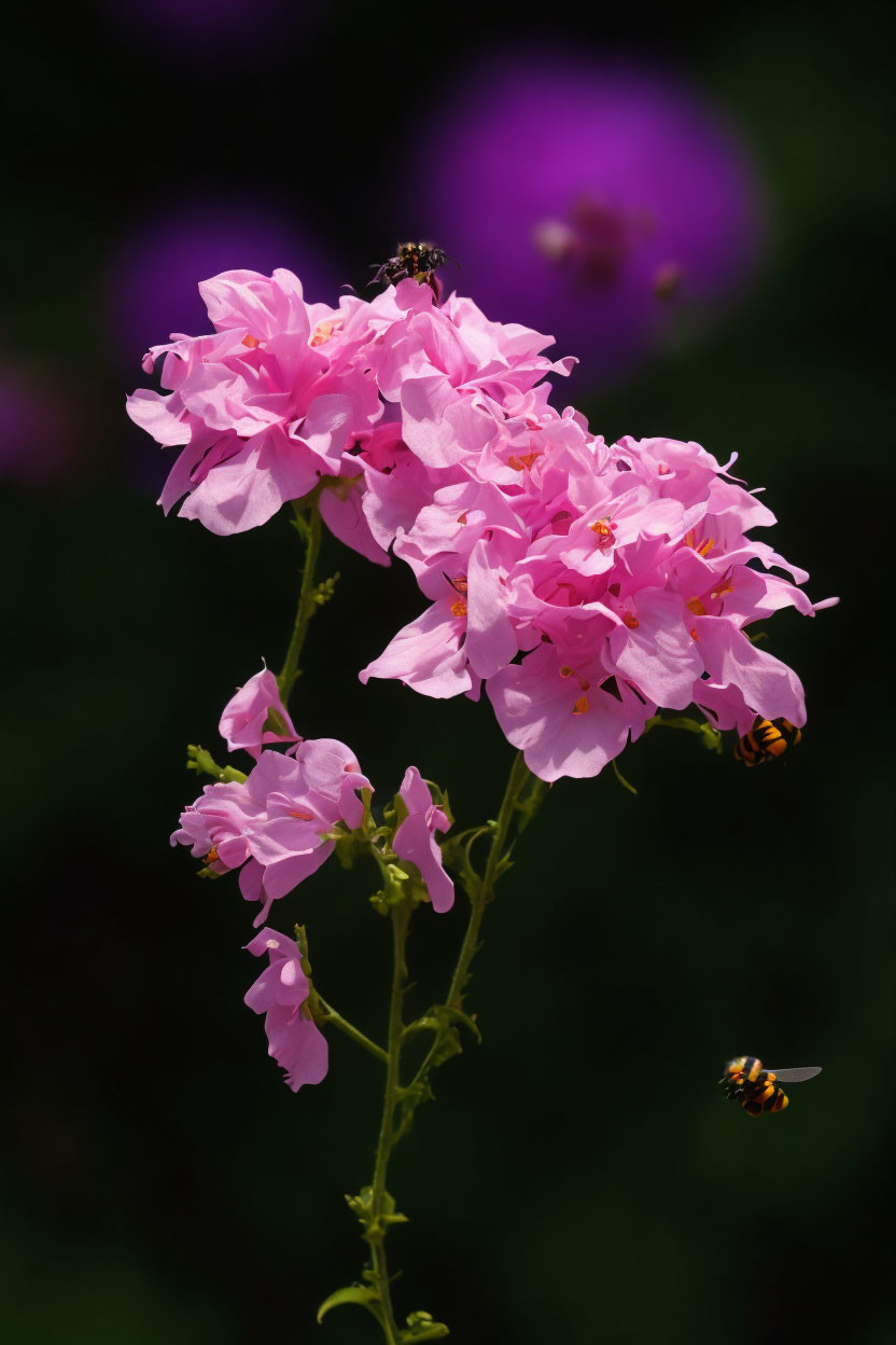 Delicate pink flowers with yellow centers on dark green background