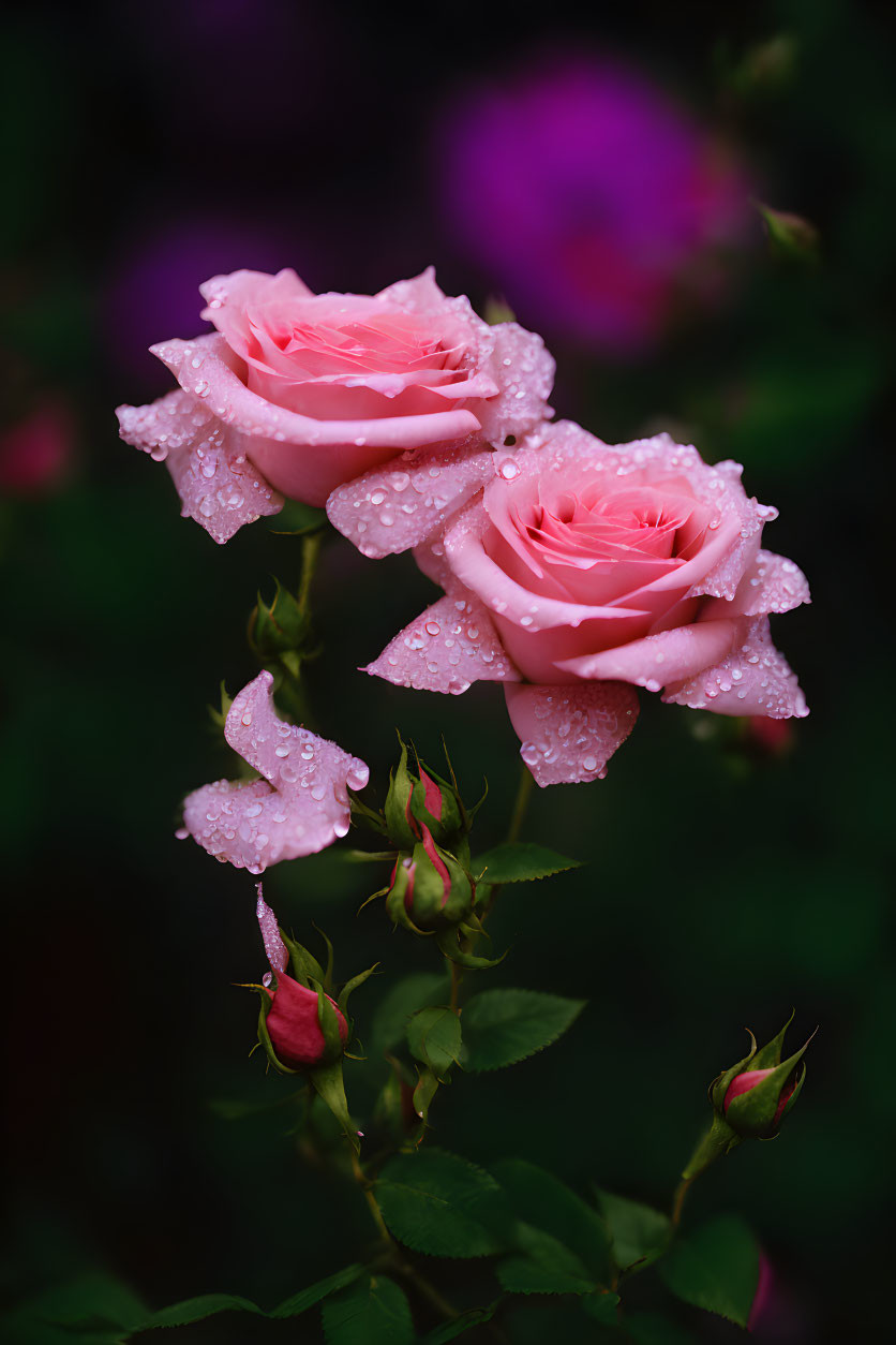 Pink Roses with Dewdrops and Green Leaves in Purple Flower Background