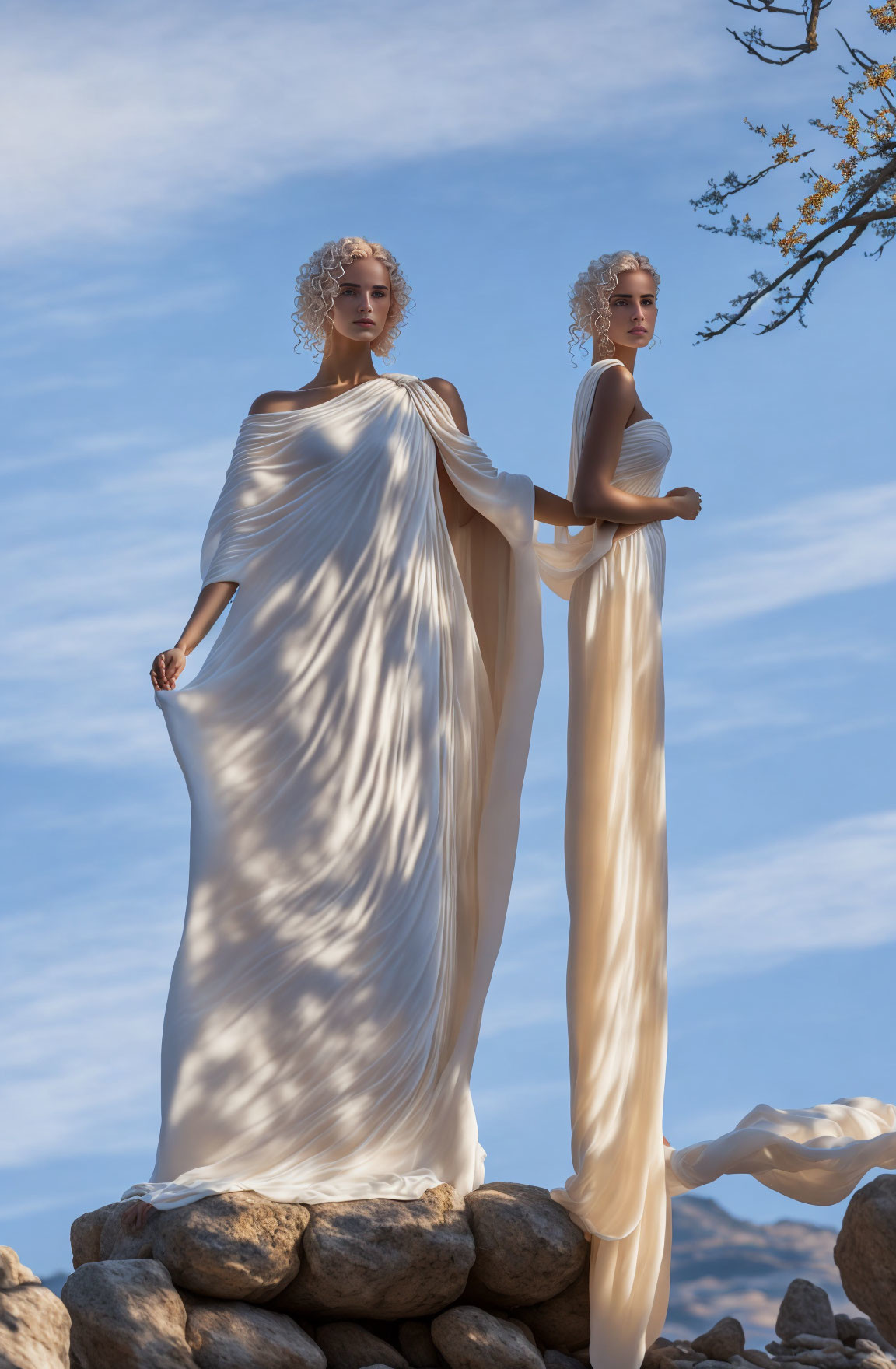 Two Women in White Drapery on Rock Formation Under Blue Sky