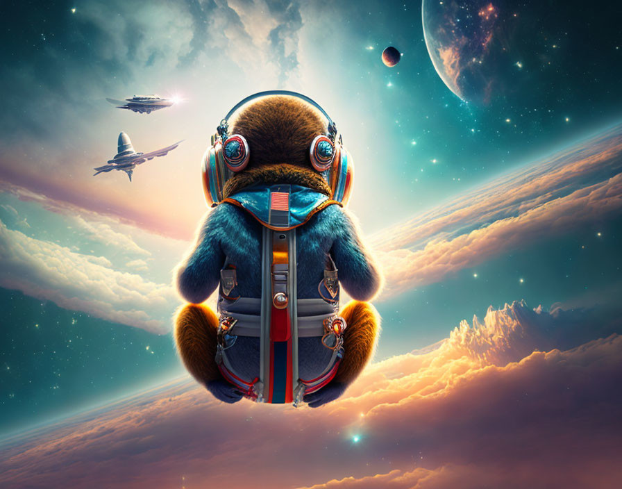 Astronaut teddy bear in space with planets, clouds, and aircraft.